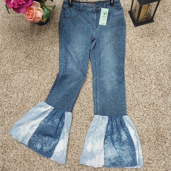 Handmade Denim - 3326 Size 0.5 Chico's Upcycled Bleached Ruffle Leg Jeans.